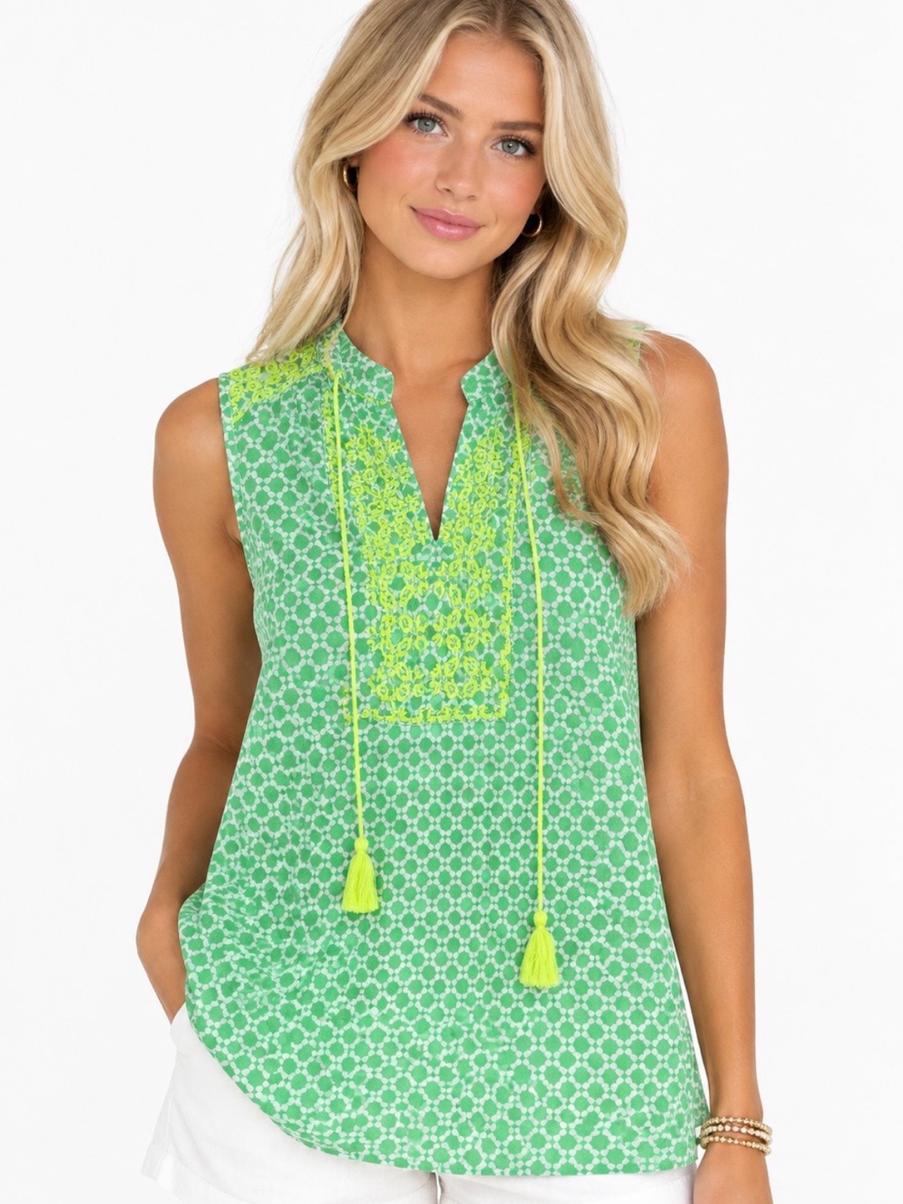 J. Crew Green Printed Tassel-Front Sleeveless Top
